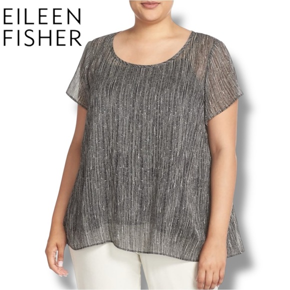 EILEEN FISHER Top Firefly Printed 100% Silk Lined Blouse Black Crinkle | Sz 1X - Picture 1 of 13